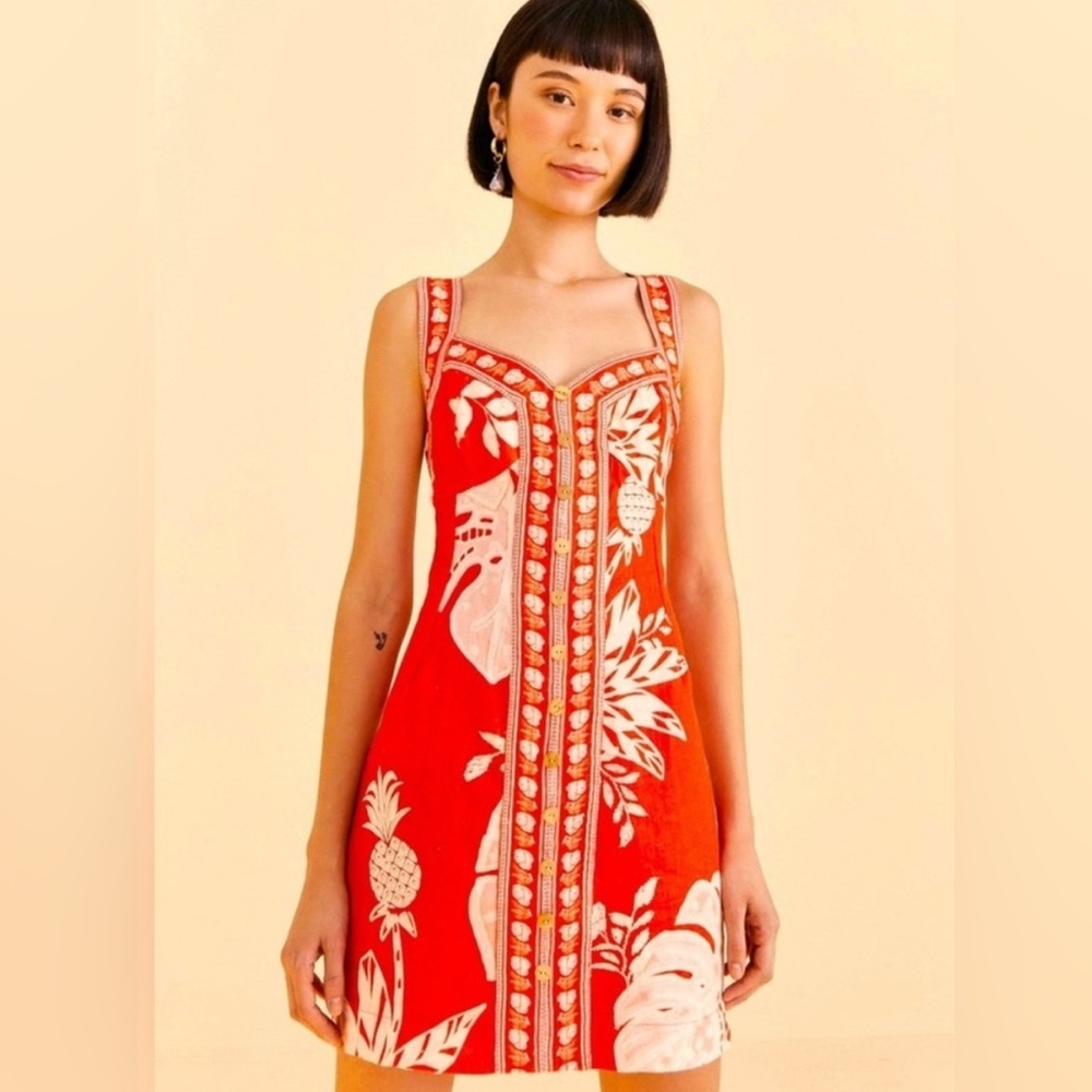 NWT Farm Rio Large Lace Red White Linen Monsteras Mini Dress